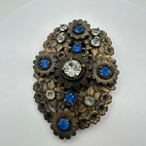 1920s antique Art Deco Czech blue clear glass rhinestones floral Dress clip - Picture 2 of 9